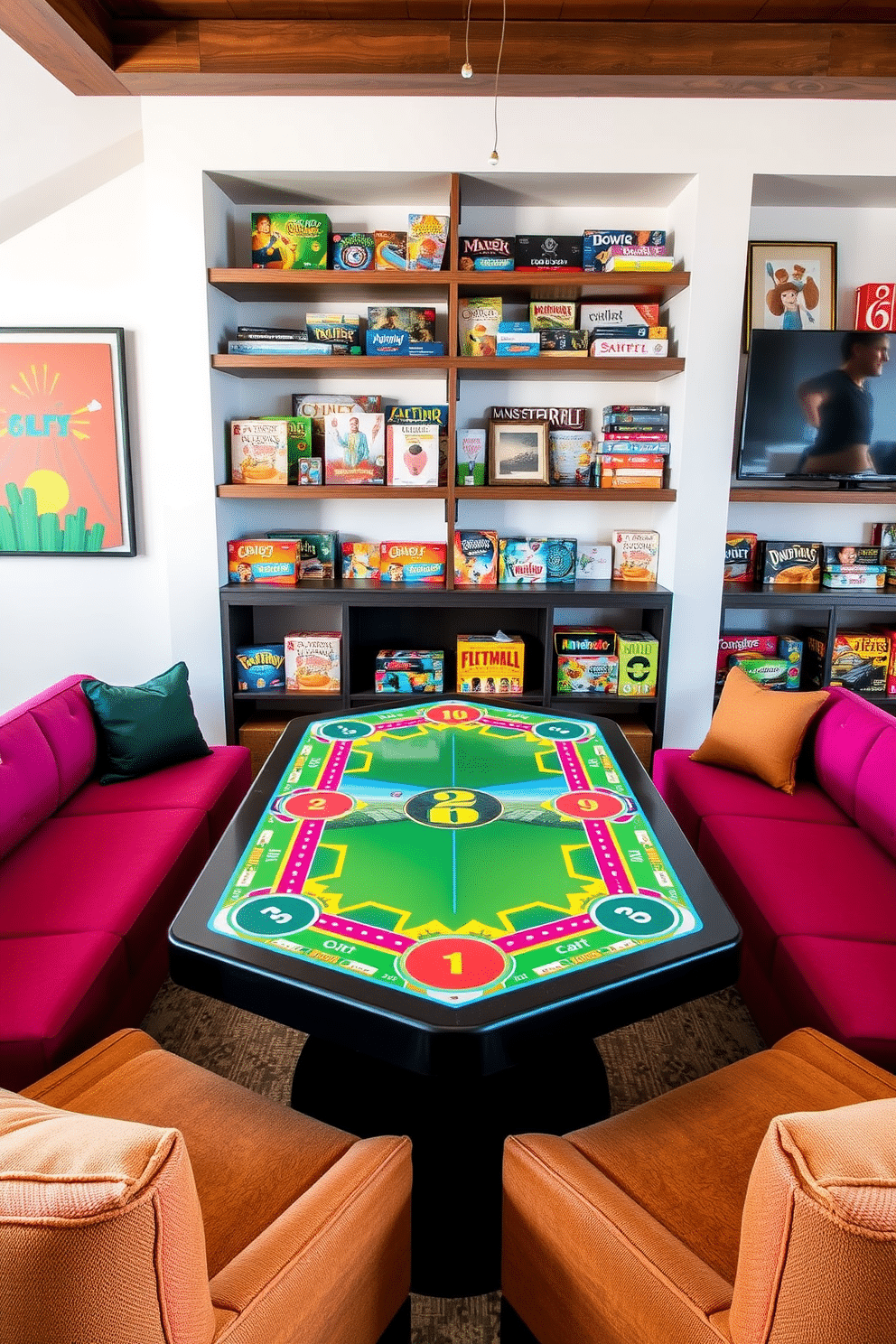 A modern game room features an interactive board game table at its center, surrounded by plush, contemporary seating in vibrant colors. The walls are adorned with playful artwork and shelves filled with an array of board games, creating an inviting atmosphere for friends and family to gather.