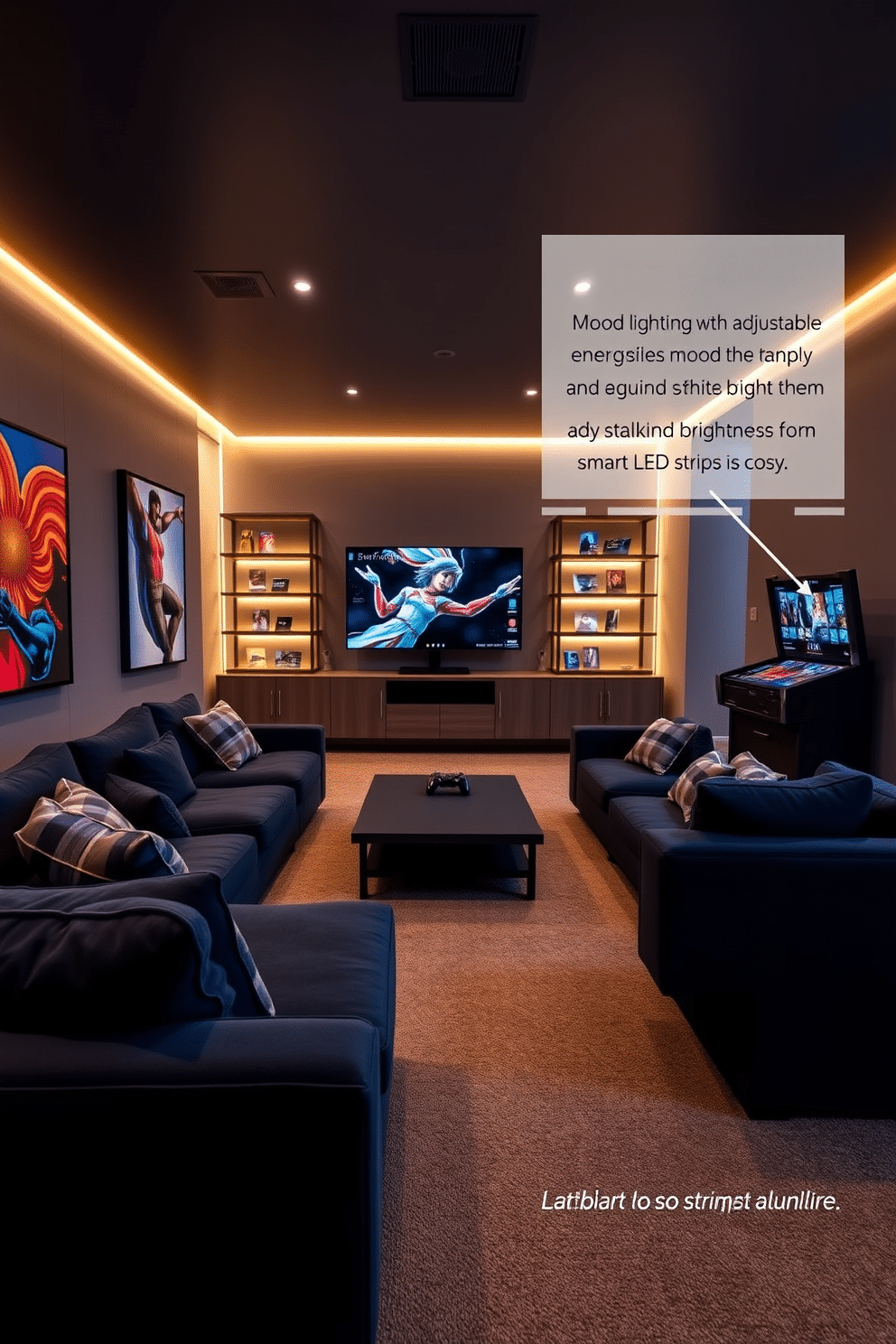 A modern game room designed for relaxation and entertainment, featuring plush sectional seating in a deep navy hue. The walls are adorned with vibrant artwork, and a large flat-screen TV is mounted above a sleek, minimalist console. Mood lighting is incorporated with adjustable brightness, allowing for a customizable ambiance that shifts from bright and energetic to soft and cozy. Smart LED strips line the shelves and gaming area, creating an inviting atmosphere for both gaming and socializing.