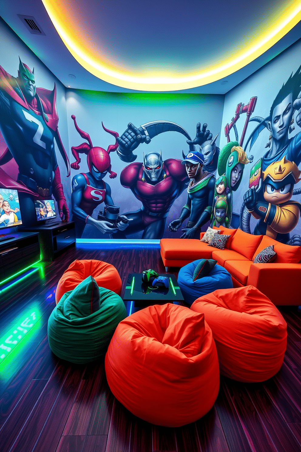 A vibrant game room featuring large-scale artwork of iconic game characters adorning the walls, creating a dynamic and playful atmosphere. The space includes a sleek gaming console setup, a comfortable sectional sofa in bold colors, and ambient LED lighting that enhances the gaming experience. The flooring is a polished dark wood, providing a stylish contrast to the bright decor. A stylish coffee table sits in the center, surrounded by plush bean bags, making it the perfect spot for friends to gather and enjoy their favorite games.