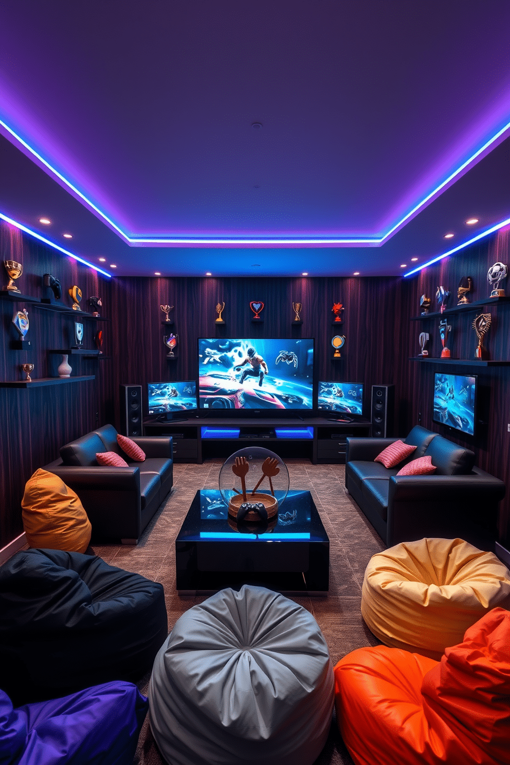 A modern game room featuring a sleek, minimalist design with dark wood accents and vibrant LED lighting. The walls are adorned with personalized gaming trophies, showcasing achievements and adding a personal touch to the space. In the center, a large sectional sofa invites comfort, surrounded by high-tech gaming equipment and a large screen for immersive gameplay. A stylish coffee table sits in front, complemented by colorful bean bags for additional seating.