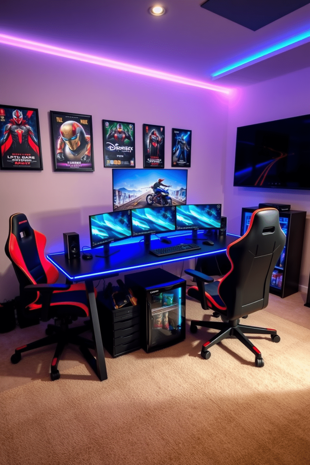 A sleek gaming desk with integrated cable management sits at the center of the room, featuring a matte black finish and a spacious surface for multiple monitors. Surrounding the desk are ergonomic gaming chairs in vibrant colors, complemented by LED strip lighting that adds an immersive atmosphere. The walls are adorned with framed gaming posters and a large screen for console gaming, while plush carpeting provides comfort underfoot. A mini-fridge stocked with snacks and drinks completes the setup, ensuring the ultimate gaming experience.