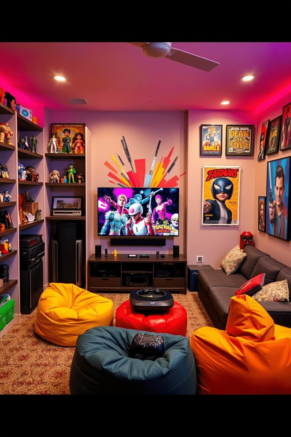 A vibrant game room filled with pop culture collectibles as decor accents. Shelves display action figures, vintage posters, and limited edition memorabilia, creating a lively atmosphere. The room features a sleek gaming console setup with a large flat-screen TV mounted on a feature wall adorned with colorful wall art. Comfortable seating options include a sectional sofa and bean bags, inviting friends and family to gather and enjoy gaming sessions together.