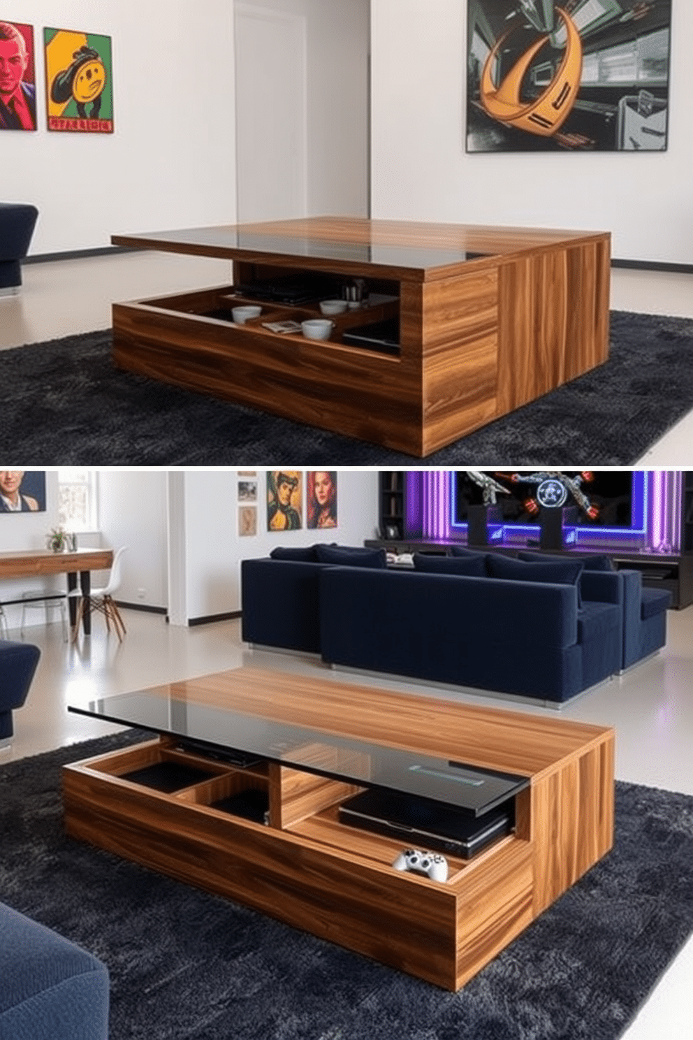 A stylish multi-functional furniture piece that seamlessly transforms from a coffee table to a dining table, featuring a sleek wooden finish and hidden storage compartments. The space is designed with an open layout, allowing for easy movement and adaptability to various activities. A modern game room featuring a large sectional sofa in a deep navy blue, complemented by a sleek glass coffee table. The walls are adorned with vibrant artwork, and a state-of-the-art gaming console setup is positioned against a feature wall with LED lighting for an immersive experience.