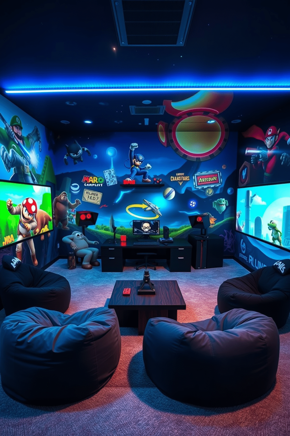 A vibrant game room featuring large wall murals of iconic video game characters and scenes, creating an immersive atmosphere. The space includes a sleek gaming console setup with comfortable seating, illuminated by LED strip lights that enhance the playful vibe. The walls are adorned with colorful decals that reflect various gaming genres, from retro classics to modern hits. A stylish coffee table sits in the center, surrounded by bean bag chairs, providing a relaxed area for friends to gather and enjoy gaming sessions.