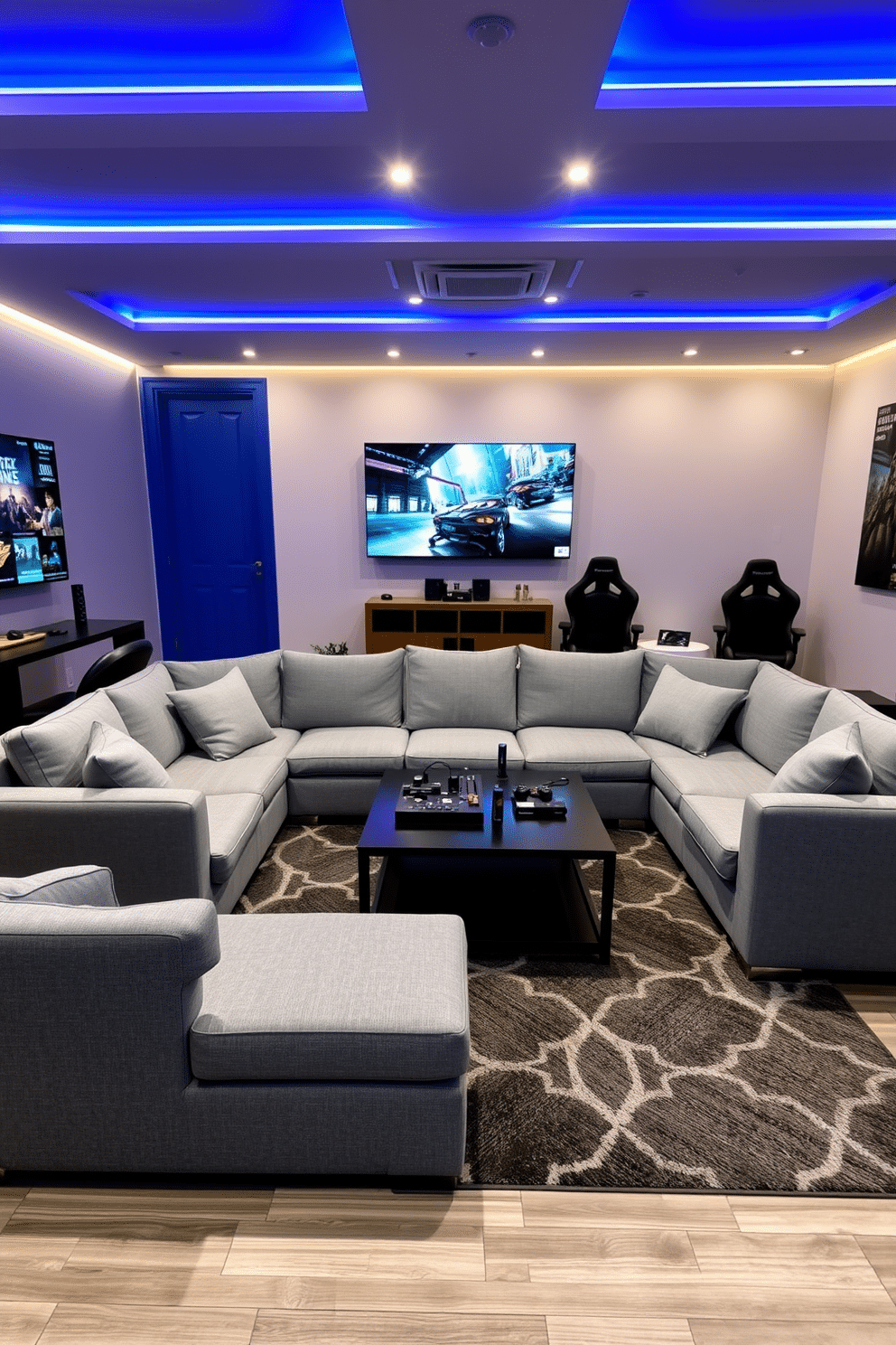 A comfortable sectional sofa is positioned in the center of a modern game room, upholstered in soft gray fabric with plush cushions for ultimate relaxation. Surrounding the sofa are sleek gaming chairs, a large flat-screen TV mounted on the wall, and a stylish coffee table adorned with gaming accessories. The room features ambient lighting with LED strips along the ceiling and a bold accent wall painted in deep blue. A contemporary rug with geometric patterns lies beneath the seating area, completing the inviting atmosphere of this entertainment space.