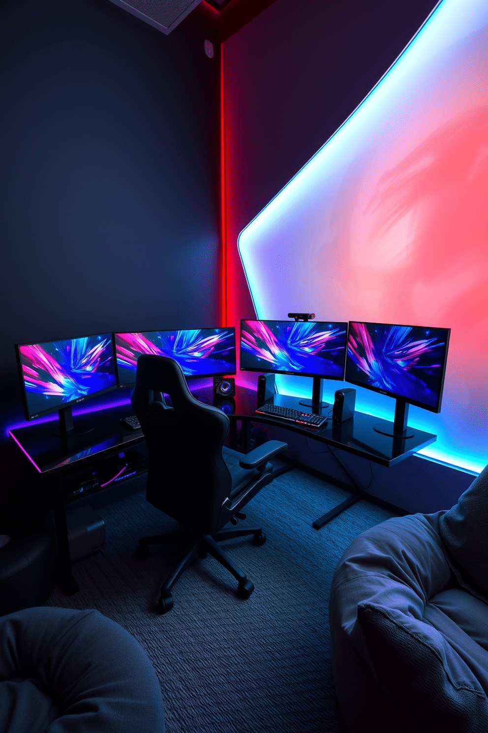 A high-tech gaming setup featuring multiple ultra-wide monitors arranged in a curved configuration. The sleek black desk is illuminated with RGB lighting, and a comfortable ergonomic gaming chair is positioned in front, ready for action. The walls are adorned with dynamic LED panels that change colors based on the game being played. Plush seating options, including bean bags and a small couch, create a cozy atmosphere for friends to join in on the gaming experience.