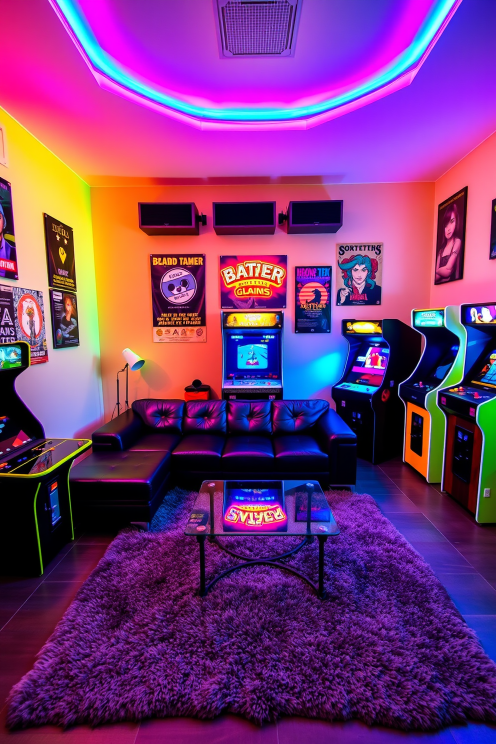 A modern game room featuring vintage arcade games as decor pieces. The walls are adorned with retro posters, and colorful LED lights illuminate the space, creating a vibrant atmosphere. In the center, a sleek black sectional sofa offers comfort, while a glass coffee table sits atop a plush area rug. The arcade machines, with their classic designs, are strategically placed, inviting guests to enjoy a nostalgic gaming experience.