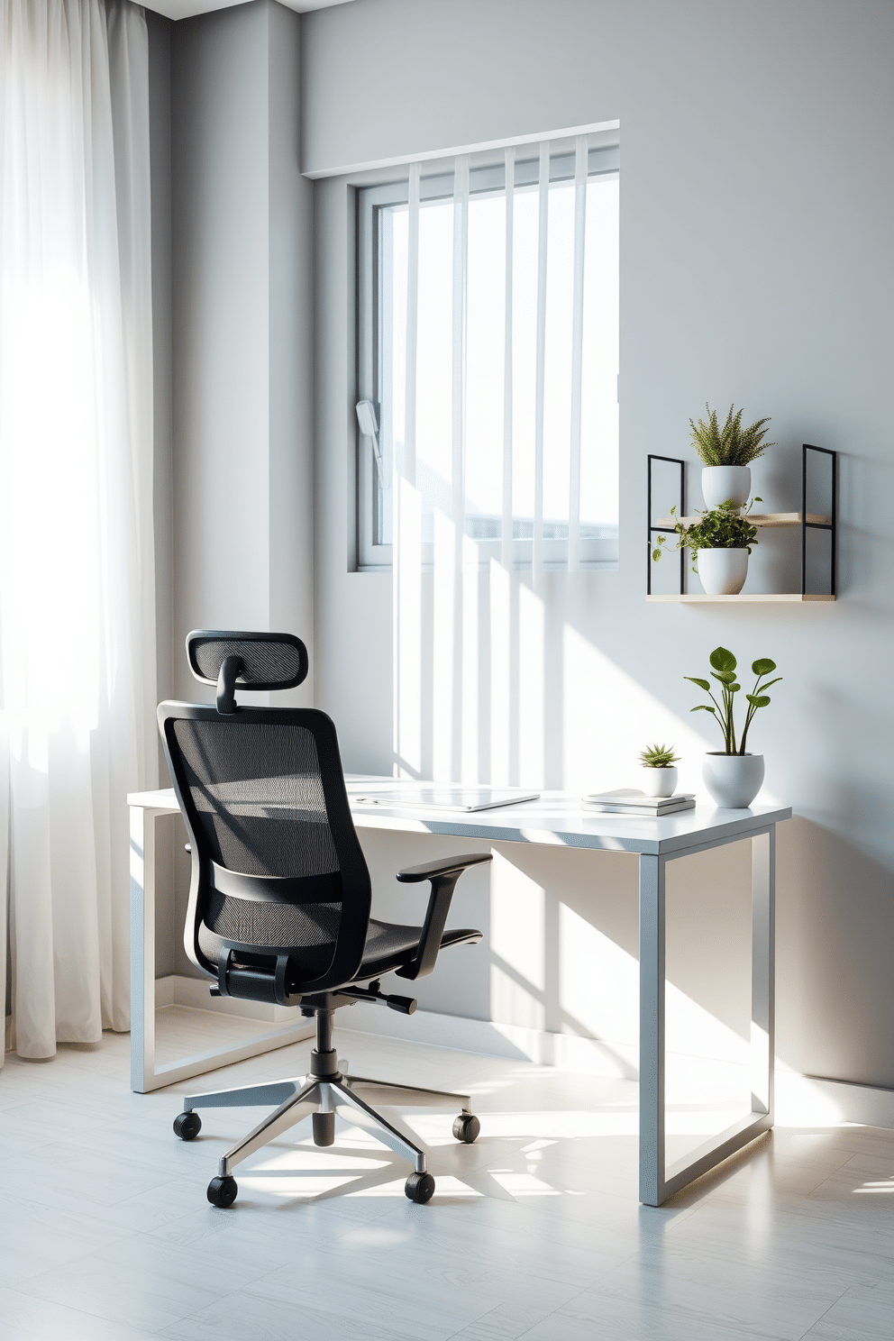 A sleek desk is positioned against a light gray wall, featuring a minimalist design with clean lines and a glossy finish. An ergonomic chair with a mesh backrest complements the desk, providing comfort for long hours of work. Natural light floods the space through a large window, adorned with sheer white curtains that soften the sunlight. A few potted plants on the desk and shelves add a touch of greenery, enhancing the modern aesthetic of the home office.