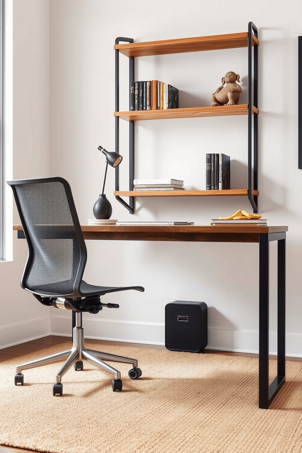 A modern home office featuring industrial-style furniture with metal accents. The desk is a sleek black metal frame paired with a reclaimed wood tabletop, complemented by an ergonomic chair with a mesh back and metal base. On the wall, open shelving made of dark metal brackets and wooden planks displays books and decorative items. A large window allows natural light to flood the space, highlighting a textured area rug beneath the desk and chair.