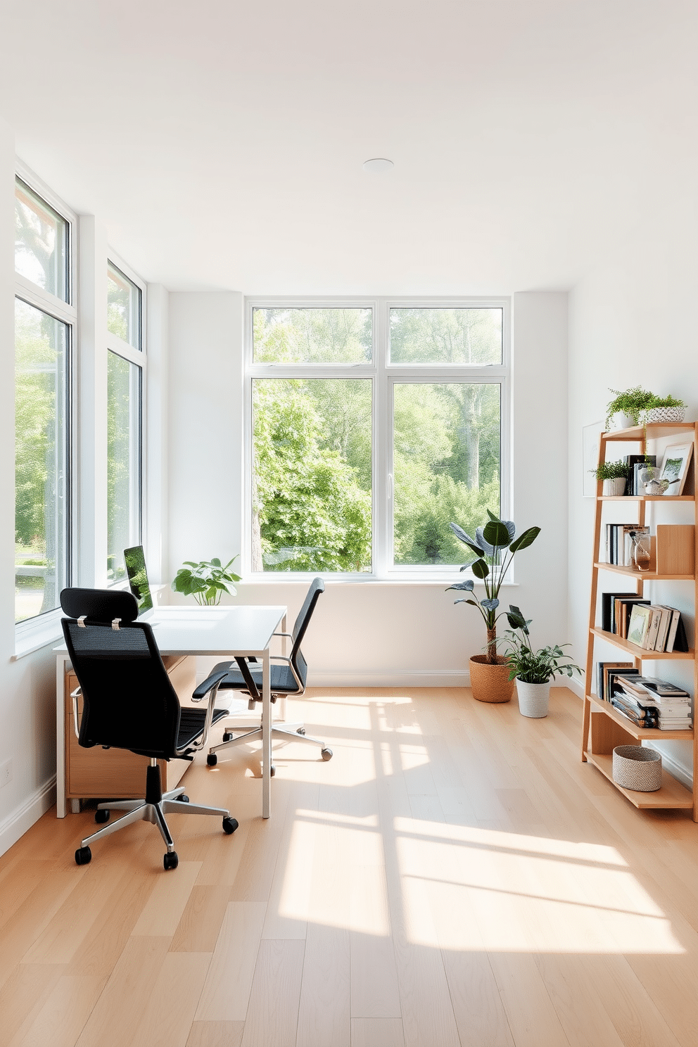 A bright and airy home office features large windows that flood the room with natural light, creating an inviting atmosphere. The open layout includes a sleek desk positioned to face the windows, complemented by a comfortable ergonomic chair and minimalist decor. The walls are painted in a soft white, enhancing the sense of space, while light wood flooring adds warmth. A few potted plants are strategically placed to bring a touch of nature indoors, and a stylish bookshelf stands against one wall, filled with design books and personal mementos.