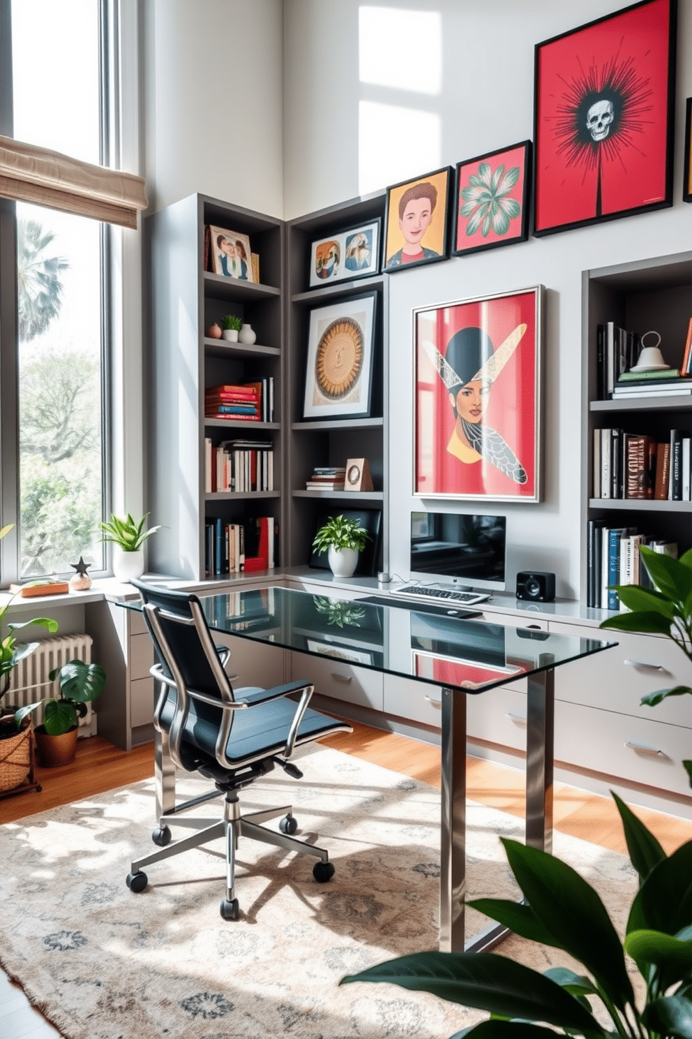 A modern home office featuring a sleek glass desk paired with an ergonomic chair, positioned in front of a large window that allows natural light to flood the space. The walls are adorned with personalized art pieces, showcasing vibrant colors and unique designs that inspire creativity and productivity. The room includes built-in shelves filled with books and decorative items, adding character and warmth to the environment. A cozy area rug underfoot complements the minimalist aesthetic, while indoor plants provide a refreshing touch of nature.