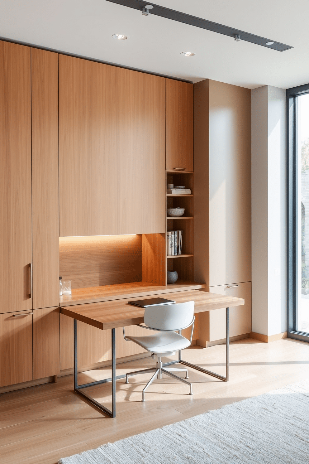 A sleek modern home office features built-in cabinetry that blends seamlessly with the walls, providing ample storage without compromising the aesthetic. The cabinetry is finished in a warm wood tone, complementing a minimalist desk positioned in front of a large window that floods the space with natural light.