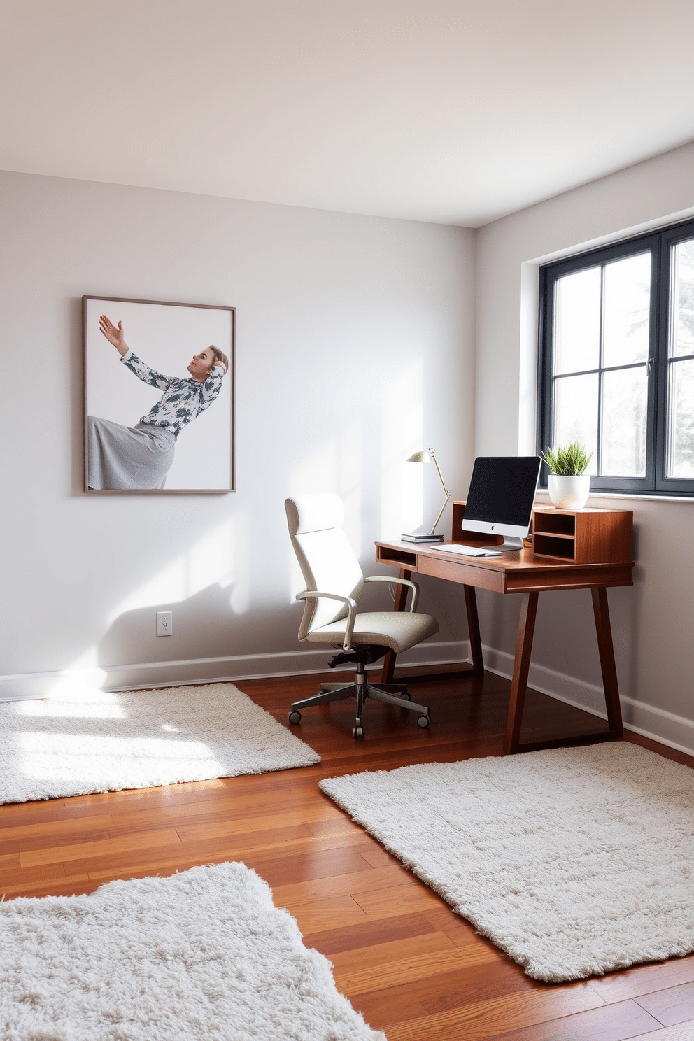 A modern home office featuring a sleek wooden desk with a minimalist design, paired with an ergonomic chair in a soft fabric. The walls are painted in a calming light gray, adorned with abstract art that adds a pop of color, while a large window allows natural light to flood the space. Soft area rugs are strategically placed under the desk and seating area to enhance comfort and warmth. The flooring is a polished hardwood, creating a contrast with the plush texture of the rugs, inviting a cozy atmosphere for productivity.