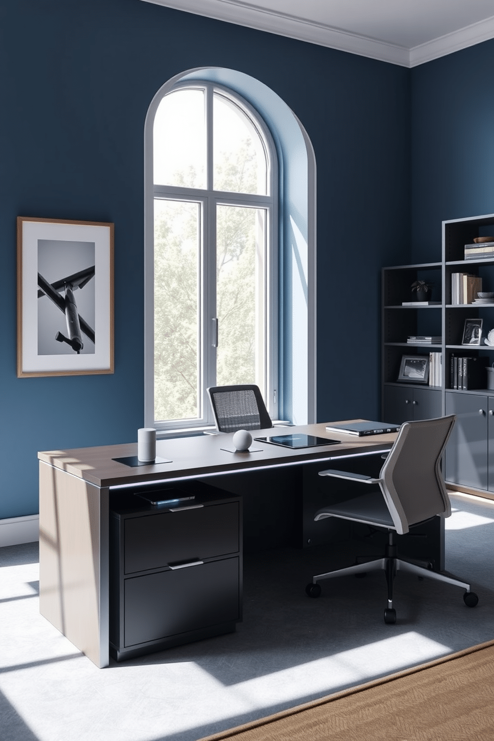 A modern home office designed for productivity features sleek furniture with integrated smart technology. The desk includes built-in wireless charging stations and adjustable lighting, while a smart assistant device sits neatly on the shelf. The walls are painted in a calming blue hue, complemented by ergonomic office chairs and a large window that allows natural light to flood the space. A minimalist bookshelf holds organized files and decorative items, creating an inspiring and efficient work environment.