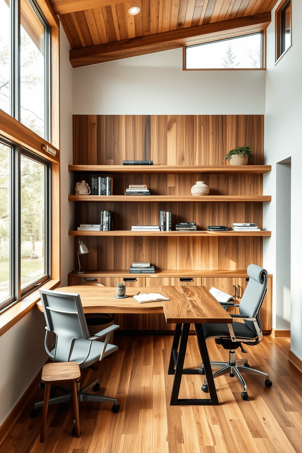 A modern home office featuring natural wood finishes that create a warm and inviting atmosphere. The desk is crafted from rich walnut, complemented by ergonomic chairs and large windows allowing ample natural light to fill the space. Stylish shelves made of reclaimed wood display books and decorative items, enhancing the overall aesthetic. A cozy reading nook with a plush armchair and a small side table invites relaxation and creativity.