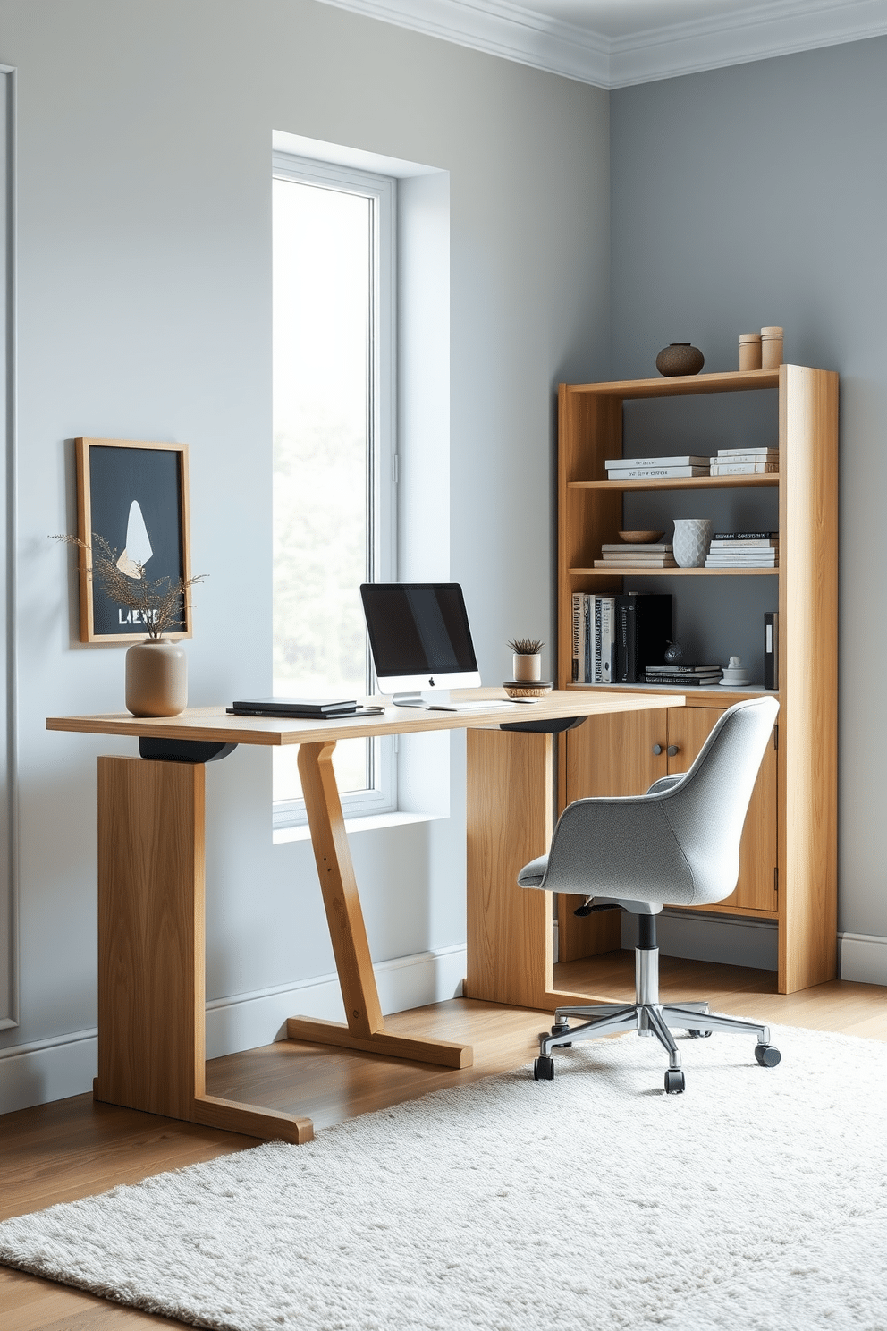 A modern home office features an adjustable standing desk crafted from light oak wood, seamlessly blending functionality with style. The desk is paired with an ergonomic chair upholstered in soft grey fabric, positioned near a large window that allows natural light to flood the space. The walls are painted a calming pale blue, enhancing focus and creativity. A minimalist bookshelf filled with neatly arranged books and decorative items adds character, while a plush area rug anchors the room, providing warmth and comfort underfoot.