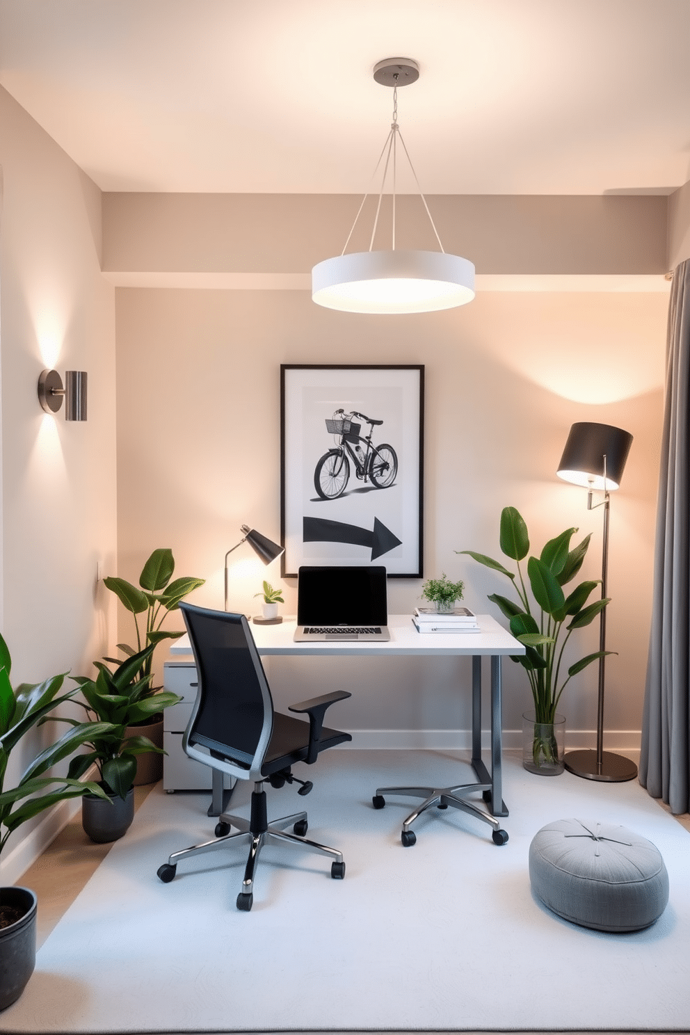 A modern home office featuring layered lighting that creates both ambiance and focus. The space includes a sleek desk with a minimalist design, complemented by a stylish ergonomic chair and a statement pendant light overhead. Incorporate adjustable wall sconces for task lighting and a warm, inviting floor lamp in the corner. The color palette consists of soft neutrals with pops of greenery from potted plants placed strategically around the room.