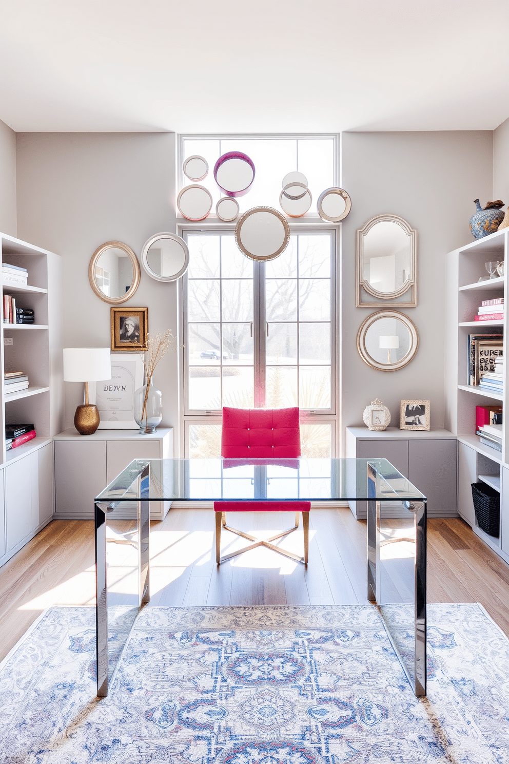 A modern home office featuring a sleek glass desk positioned in front of a large window, allowing natural light to flood the space. On the wall behind the desk, a series of decorative mirrors in various shapes are arranged to create an illusion of depth and expand the visual area. The color palette consists of soft grays and whites, complemented by a vibrant accent chair in a bold hue. Shelves lined with books and decorative items add character, while a stylish rug anchors the space, providing warmth and comfort.