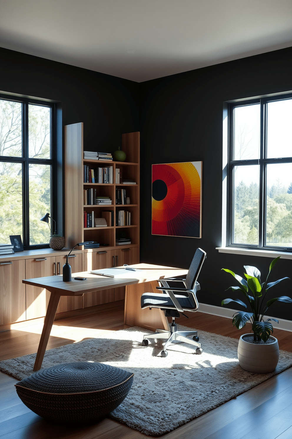 A modern home office with large windows that flood the space with natural light. The room features a sleek, minimalist desk made of light wood, paired with an ergonomic chair in a stylish fabric. On one side, a built-in bookshelf showcases an array of books and decorative items, while the opposite wall is adorned with a vibrant piece of artwork. A cozy area rug anchors the space, and a potted plant adds a touch of greenery to enhance the inviting atmosphere.