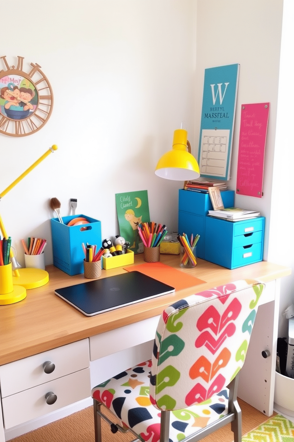 A vibrant workspace filled with colorful desk accessories that bring energy to the room. The desk features a bright blue organizer, a cheerful yellow lamp, and a set of multicolored pens in a stylish holder. Surrounding the desk, the walls are painted in a soft white, creating a clean backdrop for the lively decor. A cozy chair with a bold pattern sits in front of the desk, inviting creativity and productivity.