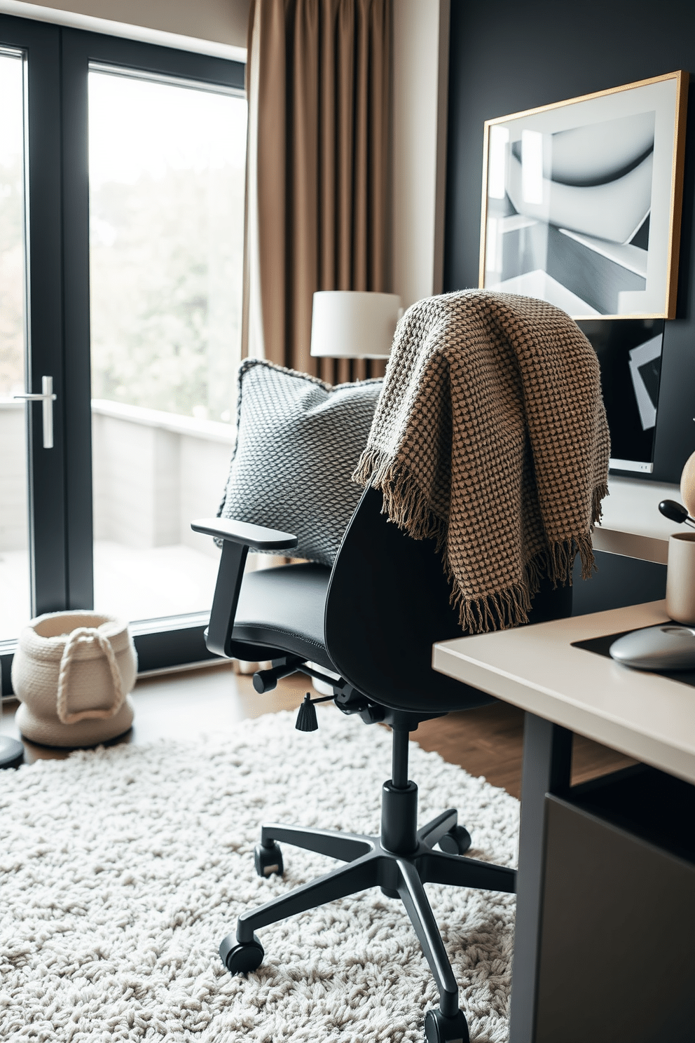 A modern home office featuring textured fabrics for added coziness. The space includes a plush area rug, soft throw pillows on an ergonomic chair, and a stylishly draped blanket over the back of a sleek desk.