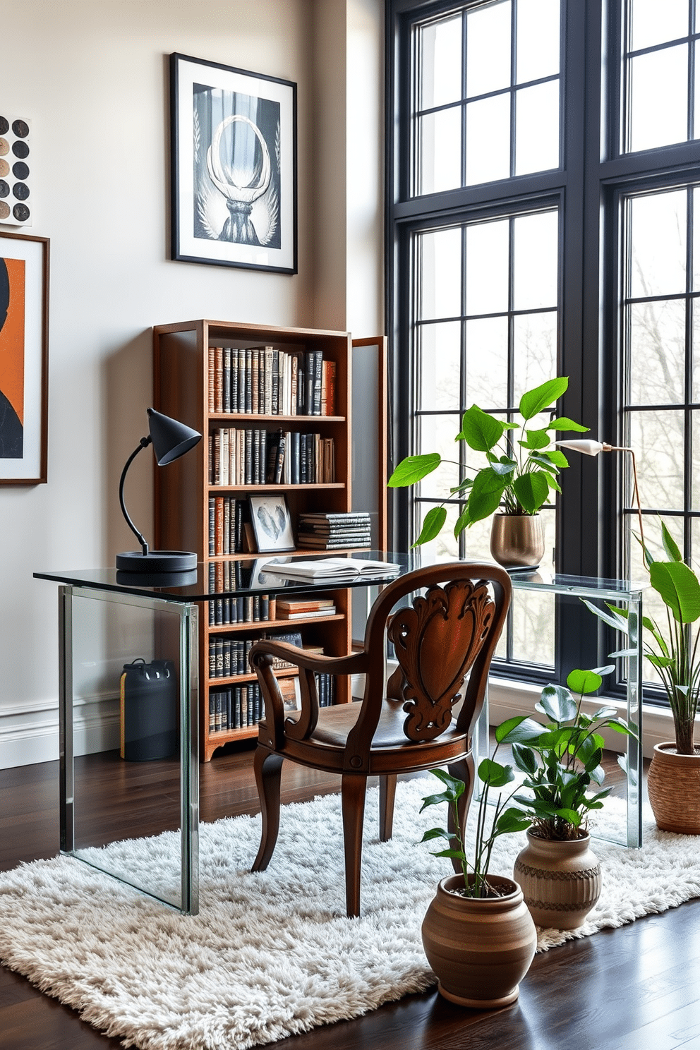 A modern home office featuring a sleek glass desk paired with a vintage wooden chair that has intricate carvings. The walls are adorned with contemporary art pieces, while a retro bookshelf filled with classic novels adds a touch of nostalgia. Large windows allow natural light to flood the space, highlighting a plush area rug beneath the desk. Potted plants in ceramic pots provide a refreshing contrast to the modern furnishings, creating a harmonious blend of old and new.