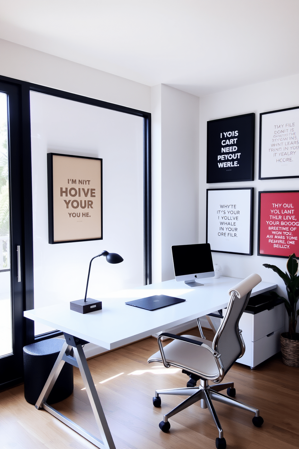 A modern home office featuring inspirational quotes framed on the walls, adding a touch of motivation and creativity to the space. The desk is sleek and minimalistic, paired with an ergonomic chair, and natural light floods in through large windows, creating an inviting atmosphere.