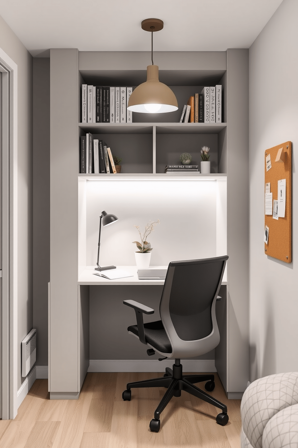 A compact workstation designed for a small apartment features a sleek, wall-mounted desk with integrated shelving above for books and decor. The space is illuminated by a stylish pendant light, and a comfortable ergonomic chair is tucked neatly beneath the desk. The color palette consists of soft grays and whites, creating a bright and airy atmosphere. A small potted plant adds a touch of greenery, while a minimalist corkboard on the wall keeps notes and inspiration organized.