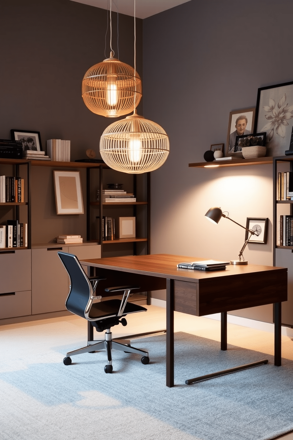 A modern home office features unique light fixtures as statement pieces, casting a warm glow over a sleek wooden desk. The walls are painted in a soft gray, complemented by a stylish ergonomic chair and shelves filled with curated books and decor.