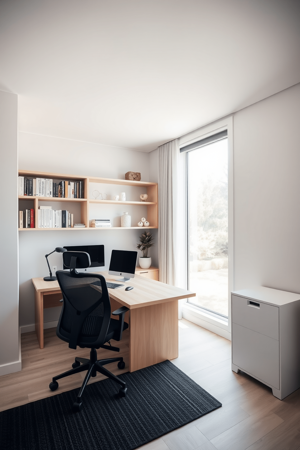 A modern home office with minimal clutter and smart organization. A sleek desk made of light wood is positioned against a large window, allowing natural light to flood the space, while a comfortable ergonomic chair complements the desk design. Floating shelves line the walls, displaying neatly arranged books and decorative items. A minimalist filing cabinet sits in the corner, keeping paperwork organized and out of sight, while a small potted plant adds a touch of greenery to the serene environment.