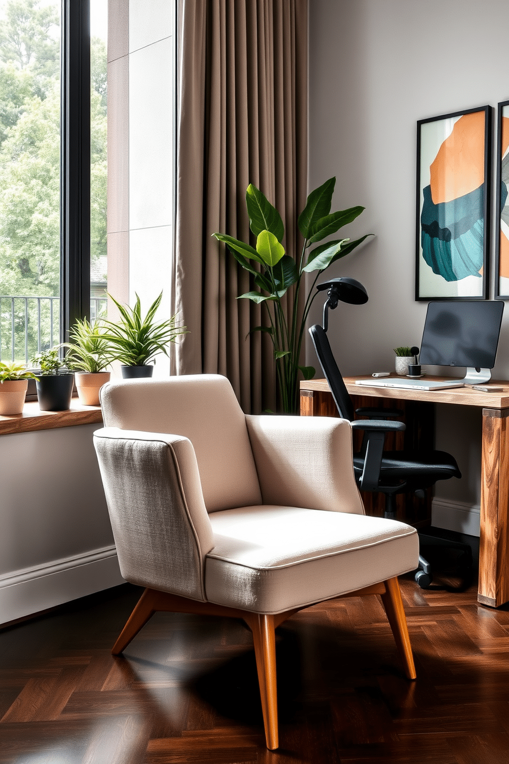 A chic lounge chair designed for relaxation breaks, upholstered in soft, textured fabric with a muted pastel color. The chair features elegant wooden legs and a minimalist silhouette, positioned near a large window that allows natural light to flood the space. Modern home office design ideas that blend functionality with style, featuring a sleek desk made of reclaimed wood and a comfortable ergonomic chair. The room is accented with greenery, including potted plants on the windowsill, and has a neutral color palette with pops of vibrant art on the walls.