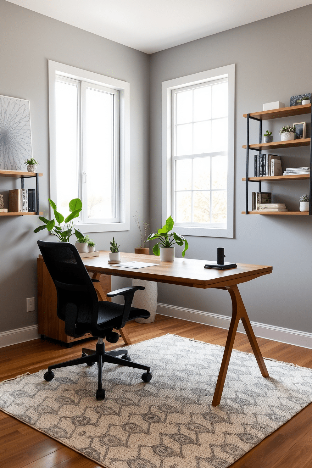 A modern home office features a sleek wooden desk positioned near a large window, allowing natural light to flood the space. On the desk, a collection of desktop plants, including a small succulent and a vibrant pothos, bring a fresh atmosphere and a touch of greenery to the room. The walls are painted in a soft gray, complemented by minimalist shelving that displays books and decorative items. A comfortable ergonomic chair sits at the desk, while a stylish rug anchors the space, adding warmth and texture to the overall design.