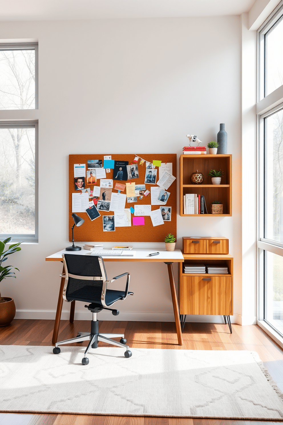 A personalized corkboard filled with colorful notes, sketches, and inspirational images hangs prominently on the wall above a sleek, minimalist desk. The desk is paired with an ergonomic chair, and large windows allow natural light to flood the space, enhancing the warm wooden tones of the decor. Incorporate stylish shelving units that display books and decorative items, adding personality to the modern home office. A soft area rug underfoot complements the overall aesthetic, creating a cozy yet professional environment.