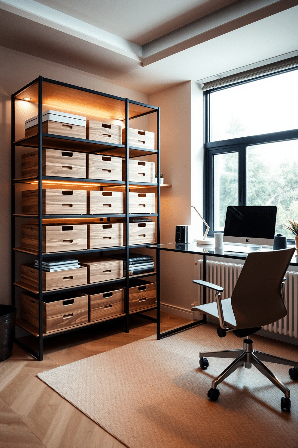 A modern home office features sleek, stylish storage boxes made from natural wood, neatly organized on a minimalist shelving unit. The space is illuminated by soft, ambient lighting, creating a warm and inviting atmosphere while reducing clutter. The desk is a contemporary design with a glass top and a metal frame, paired with an ergonomic chair in a muted color. A large window allows natural light to flood the room, highlighting the organized storage solutions and enhancing productivity.