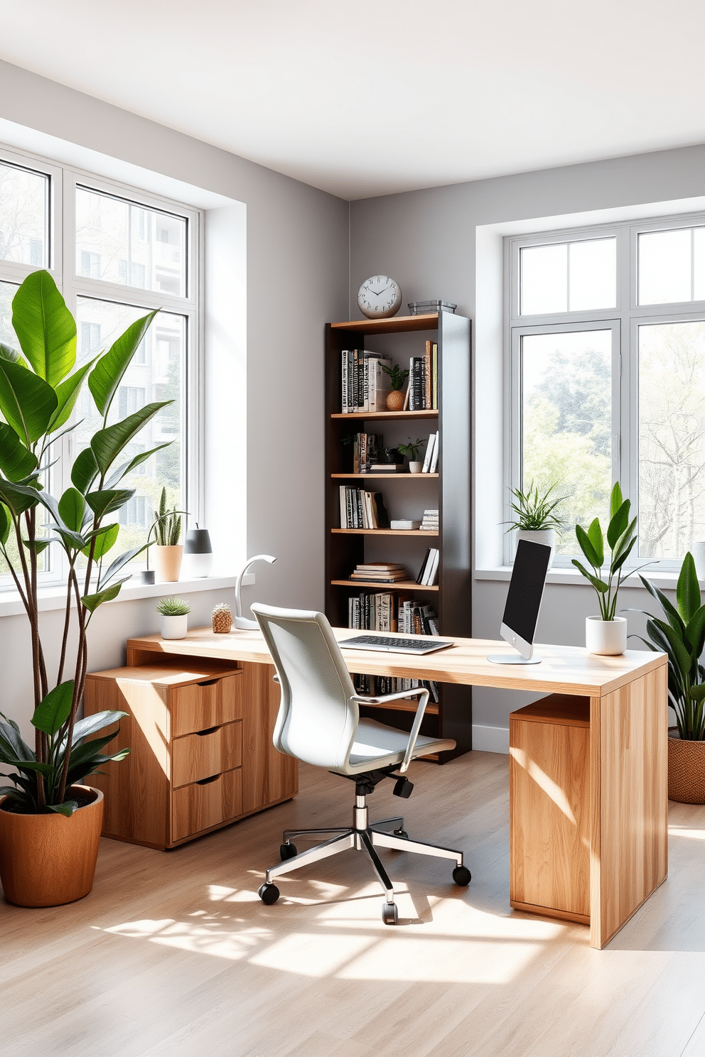 A modern home office featuring a sleek, minimalist desk made of light wood, paired with a comfortable ergonomic chair. Large windows allow natural light to flood the space, while potted indoor plants sit in the corners, adding a refreshing touch of greenery. The walls are painted in a soft gray, complementing the warm tones of the wood. A stylish bookshelf filled with books and decorative items provides both functionality and aesthetic appeal, creating an inspiring work environment.