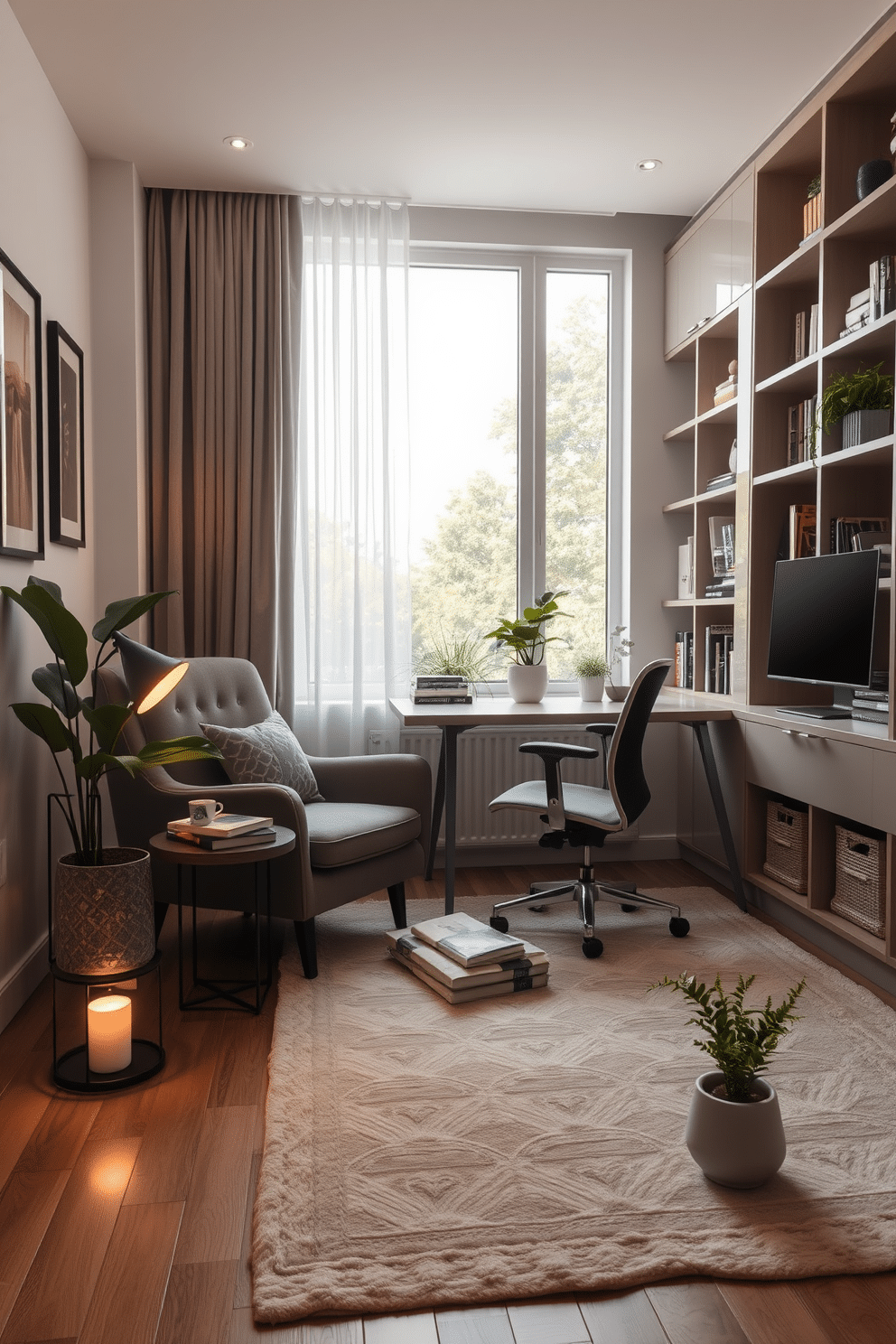 Cozy reading nook with soft lighting. A plush armchair is positioned next to a large window draped with sheer curtains, allowing natural light to filter in. A small side table holds a stack of books and a steaming cup of tea, while a floor lamp with a warm glow adds to the inviting atmosphere. The walls are adorned with framed art, and a soft area rug anchors the space, providing comfort underfoot. Modern home office design ideas. A sleek desk with a minimalist design faces a wall of built-in shelves filled with books and decorative items. An ergonomic chair complements the desk, while a large window offers an inspiring view and ample natural light. The color palette features neutral tones with pops of greenery from potted plants, creating a serene and productive environment.