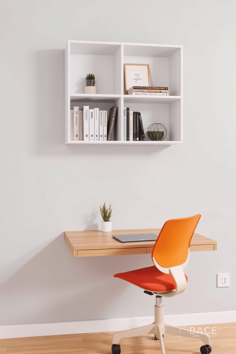 A sleek wall-mounted desk is positioned against a light gray wall, creating an efficient workspace in a compact area. The desk features minimalist design elements with a natural wood finish, complemented by a stylish ergonomic chair in a vibrant color. Above the desk, open shelving showcases neatly organized books and decorative items, adding personality to the space. A small potted plant sits on the desk, bringing a touch of greenery and life to the modern home office.