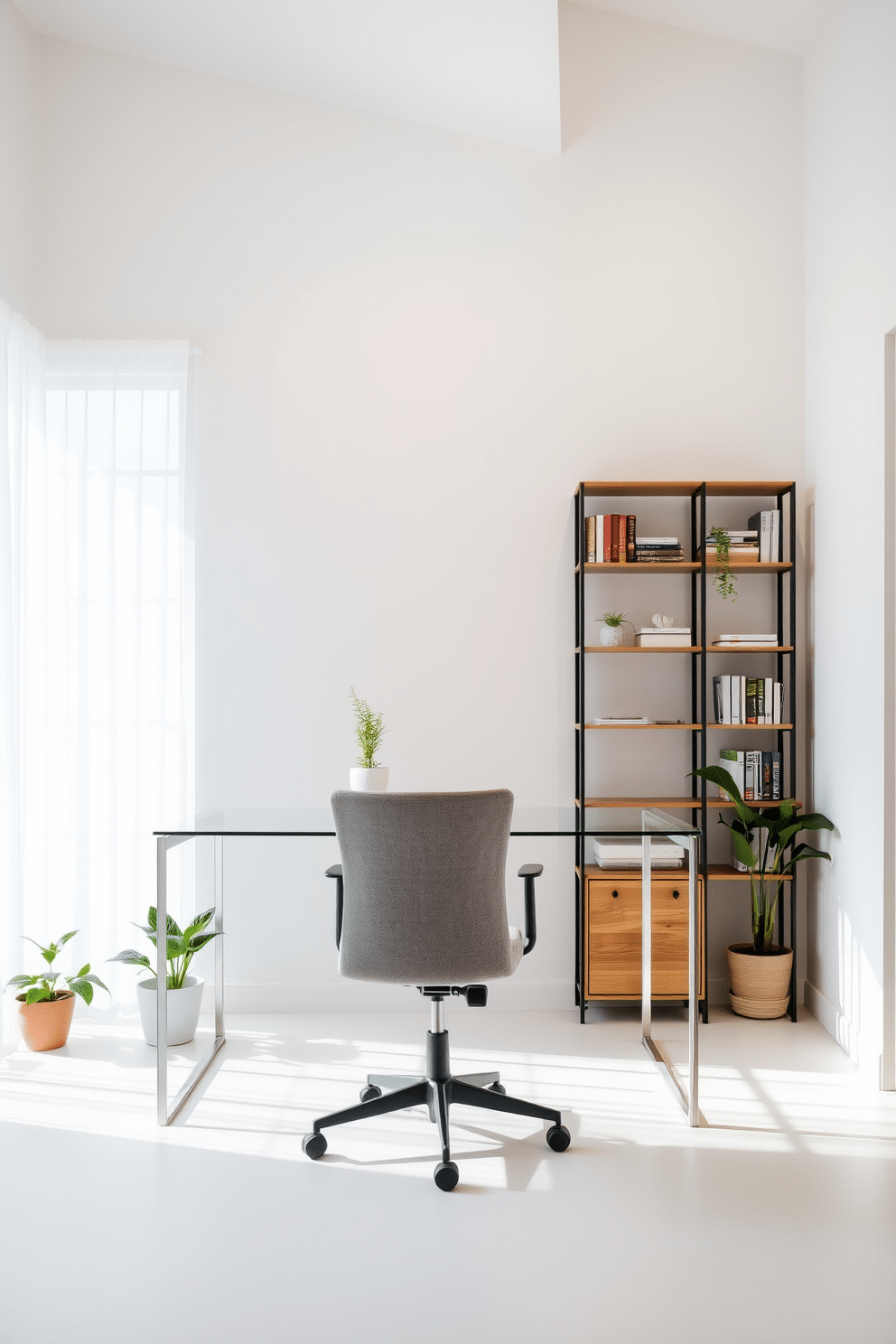 A sleek glass desk sits in the center of a modern home office, allowing light to flow freely throughout the space. Complementing the desk, a minimalist ergonomic chair in a soft gray fabric invites comfort while maintaining an open, airy atmosphere. The walls are painted in a soft white, enhancing the brightness of the room, while a few potted plants add a touch of greenery. A stylish shelving unit against one wall showcases books and decorative items, optimizing storage without sacrificing the sense of openness.