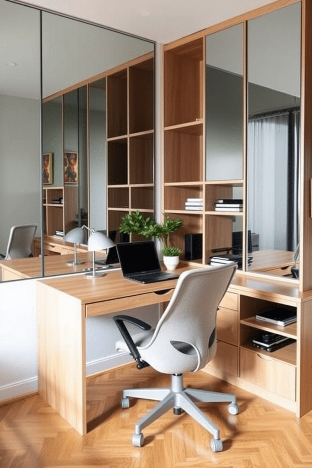 A modern home office designed for small spaces features a sleek, minimalist desk made of light wood, positioned against a wall to maximize floor area. Large mirrors are strategically placed to reflect light and create an illusion of depth, making the room feel more expansive. The office includes a comfortable ergonomic chair in a soft fabric, paired with stylish shelving units that blend functionality with aesthetics. A vibrant piece of artwork hangs above the desk, and a small potted plant adds a touch of greenery, enhancing the overall ambiance.