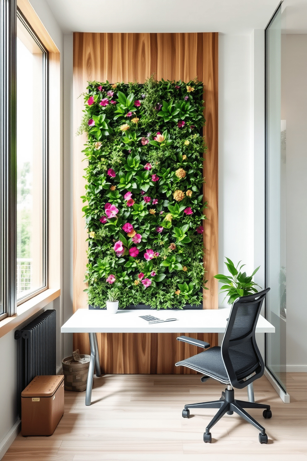 A vertical garden filled with lush greenery and vibrant flowers creates a refreshing focal point in the room. The garden is framed by sleek wooden panels, adding a modern touch to the overall aesthetic. The modern home office features a compact desk with a minimalist design, paired with an ergonomic chair for comfort. Large windows allow natural light to flood the space, highlighting the clean lines and neutral color palette that enhance productivity.