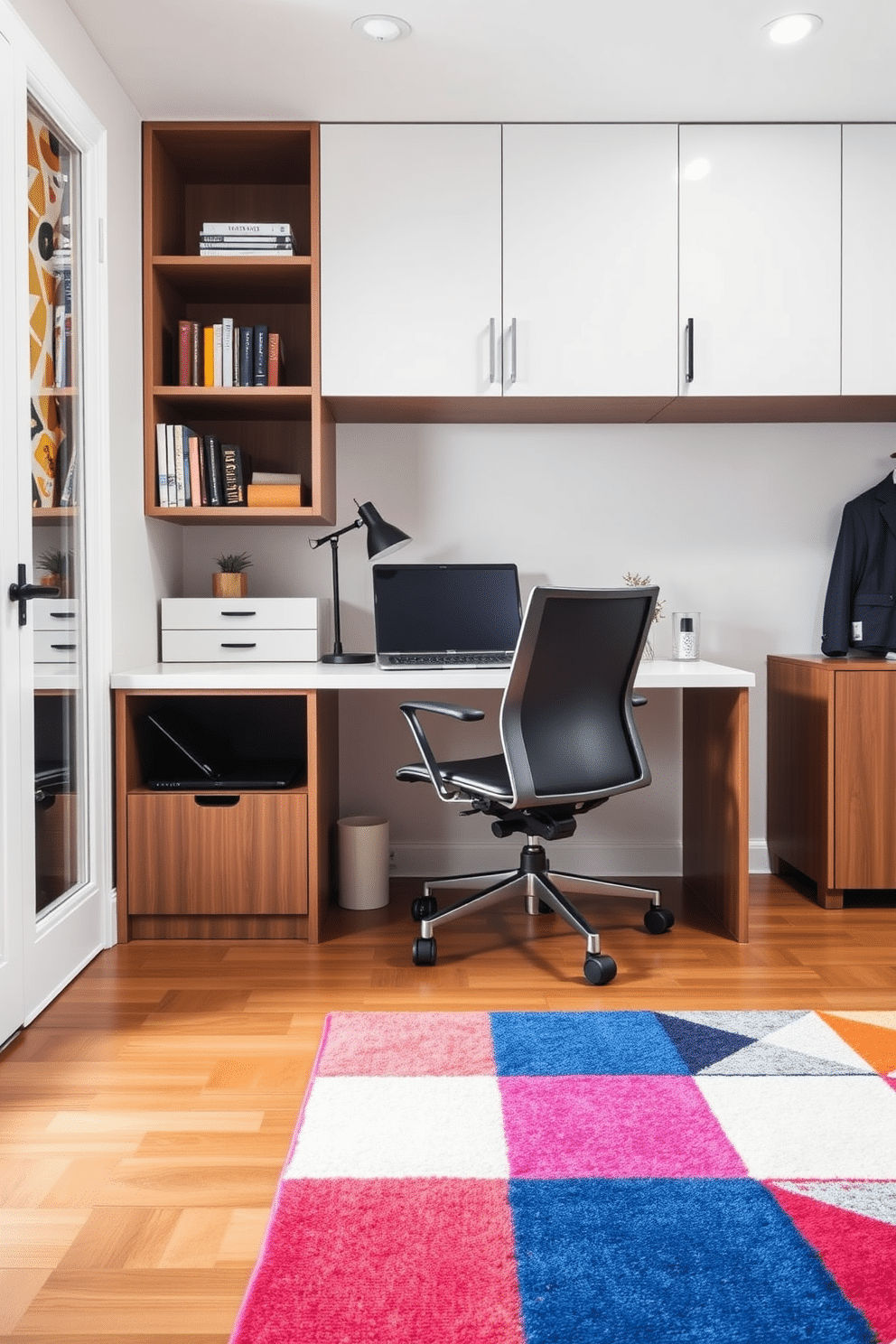 A colorful rug anchors the workspace area, featuring vibrant geometric patterns that contrast beautifully with the sleek wooden flooring. The modern home office is designed with space-saving furniture, including a compact desk and ergonomic chair, complemented by open shelving to keep the area organized and stylish.