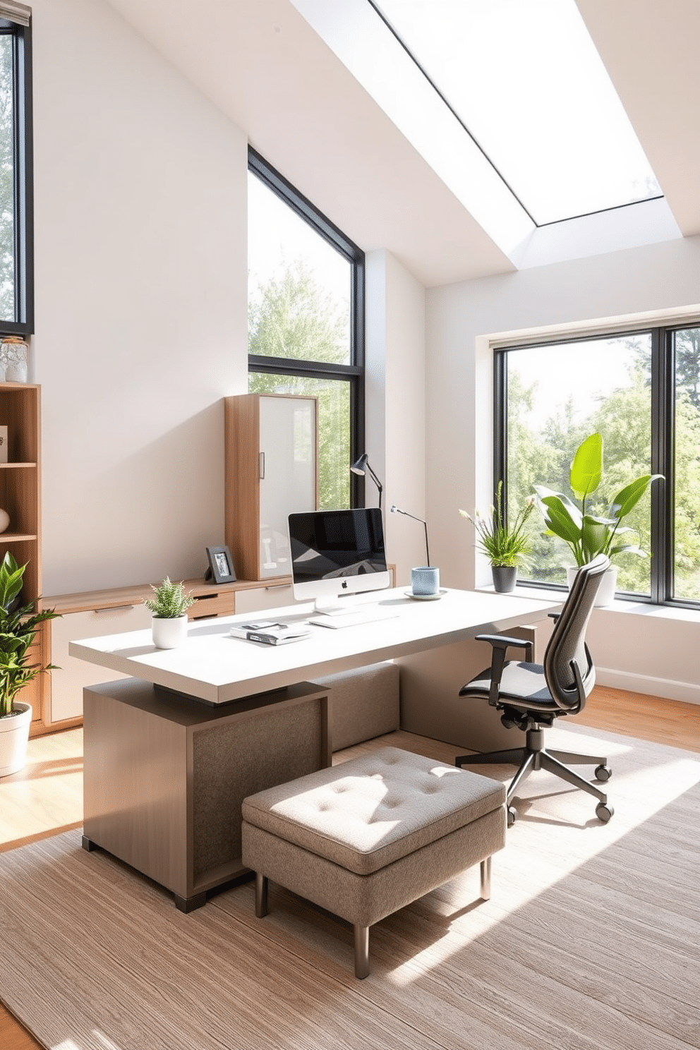 A modern home office design featuring a sleek, minimalist desk with integrated hidden storage in an ottoman or bench. The space is illuminated by natural light streaming through large windows, complemented by a stylish ergonomic chair and a few decorative plants.