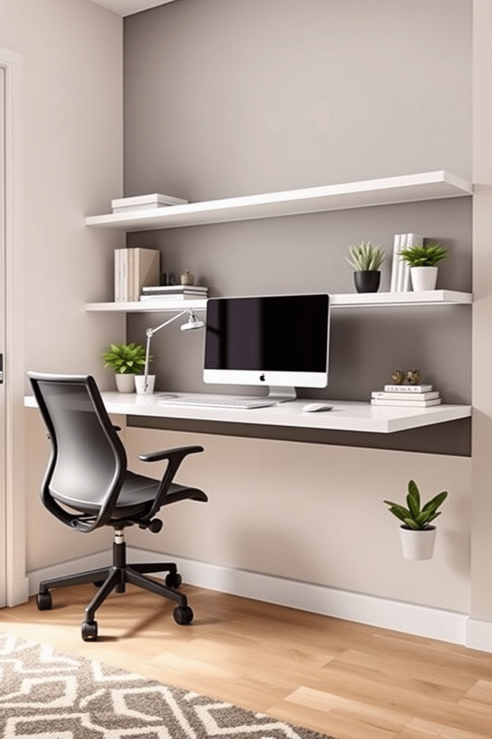 A wall-mounted desk creates a sleek and minimalist workspace, perfect for maximizing floor space in a modern home office. The desk features clean lines and is complemented by floating shelves above, providing both functionality and style. In this small office design, a neutral color palette enhances the sense of openness, while a stylish ergonomic chair adds comfort. Decorative elements such as a geometric rug and potted plants bring warmth and personality to the compact area.