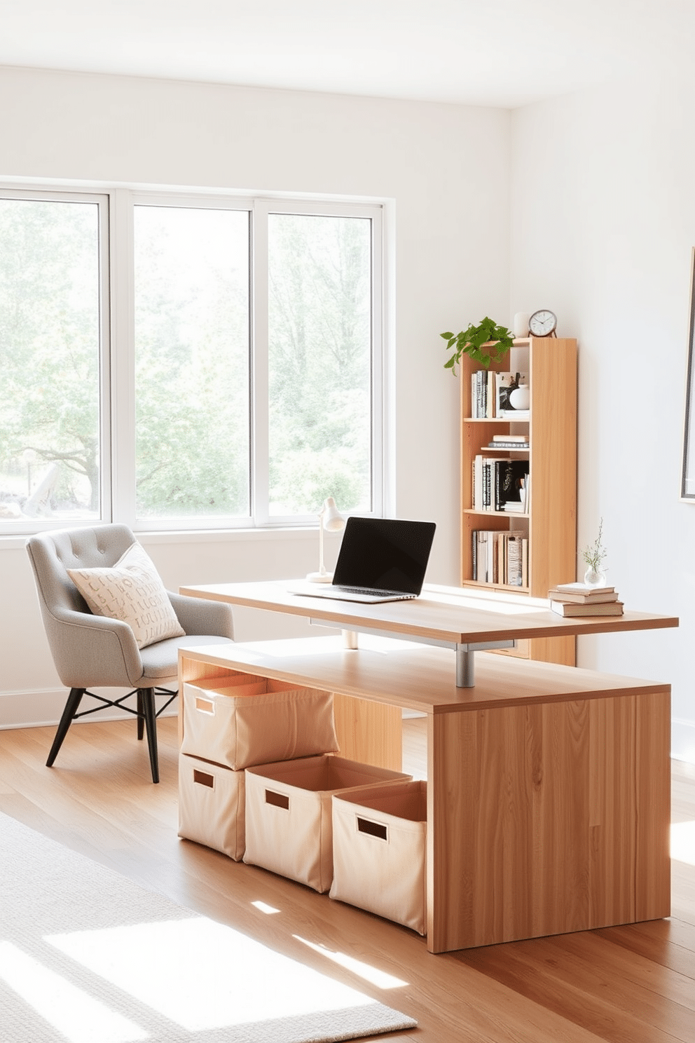 A modern home office featuring creative under-desk storage bins that maximize space while maintaining a sleek aesthetic. The design includes a minimalist desk with a light wood finish, complemented by stylish fabric bins in soft pastel colors tucked neatly underneath. Natural light floods the room through a large window, illuminating the workspace and creating a bright, inviting atmosphere. A cozy armchair sits in the corner, paired with a small bookshelf filled with design books and decorative items for added personality.