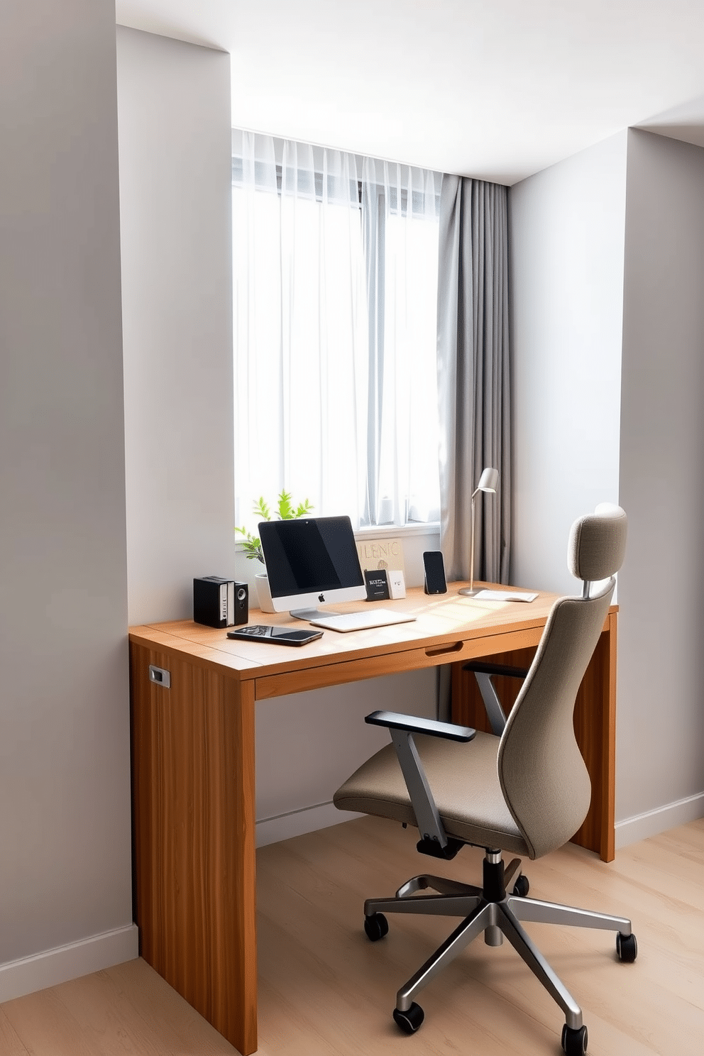 A sleek desk with built-in USB charging ports sits against a light gray wall, maximizing functionality in a compact area. The desk features a minimalist design with clean lines and a warm wood finish, complemented by a comfortable ergonomic chair in a soft fabric. Natural light floods the space through a large window adorned with sheer curtains, creating an inviting atmosphere. A small potted plant and stylish desk accessories add a touch of greenery and personality to the modern home office.