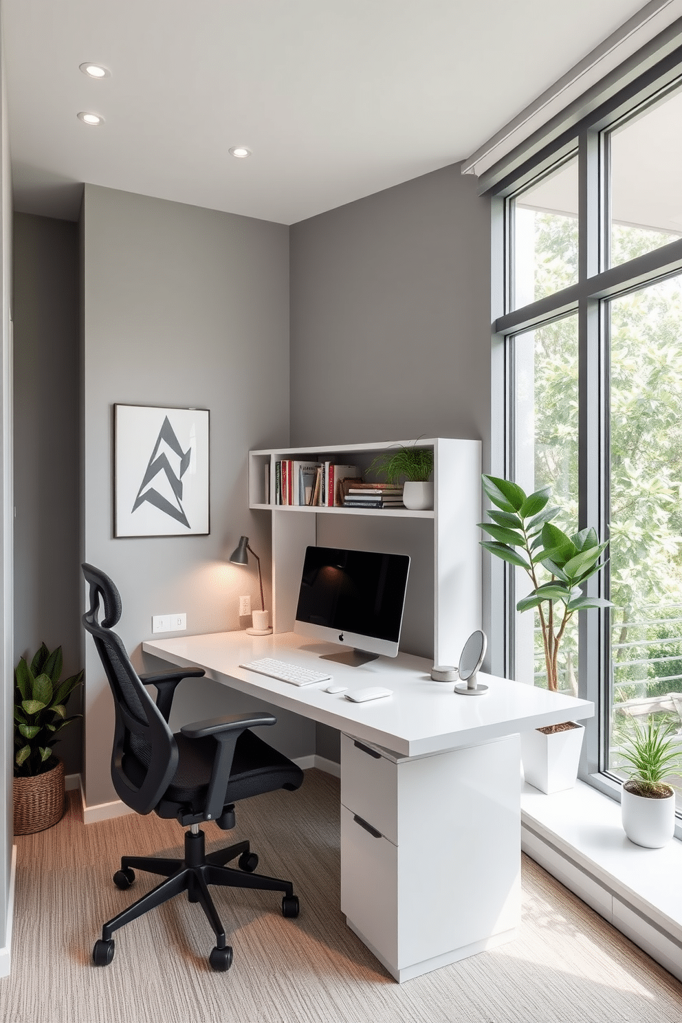 A modern home office designed for small spaces features a sleek, minimalist desk equipped with smart technology for seamless connectivity. The walls are painted in a soft gray, and a compact shelving unit holds books and decorative items, while a stylish ergonomic chair provides comfort during long work hours. Incorporating smart tech, the office includes a voice-activated assistant and smart lighting that adjusts based on the time of day. Large windows allow natural light to flood the space, complemented by a few potted plants that enhance the room's ambiance.