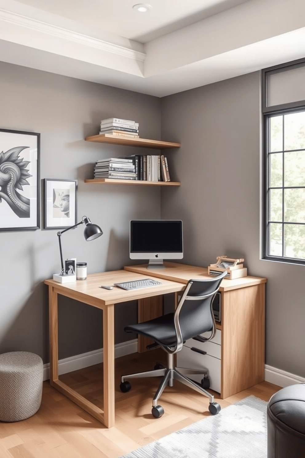 A compact L-shaped desk fits perfectly into the corner of the room, maximizing the use of space while providing ample surface area for work. The desk features a sleek, minimalist design with a light wood finish, paired with a comfortable ergonomic chair that complements the modern aesthetic. Above the desk, a wall-mounted shelf displays curated books and decorative items, adding personality to the workspace. The walls are painted in a soft gray, and a large window allows natural light to flood the area, enhancing the overall ambiance of the home office.