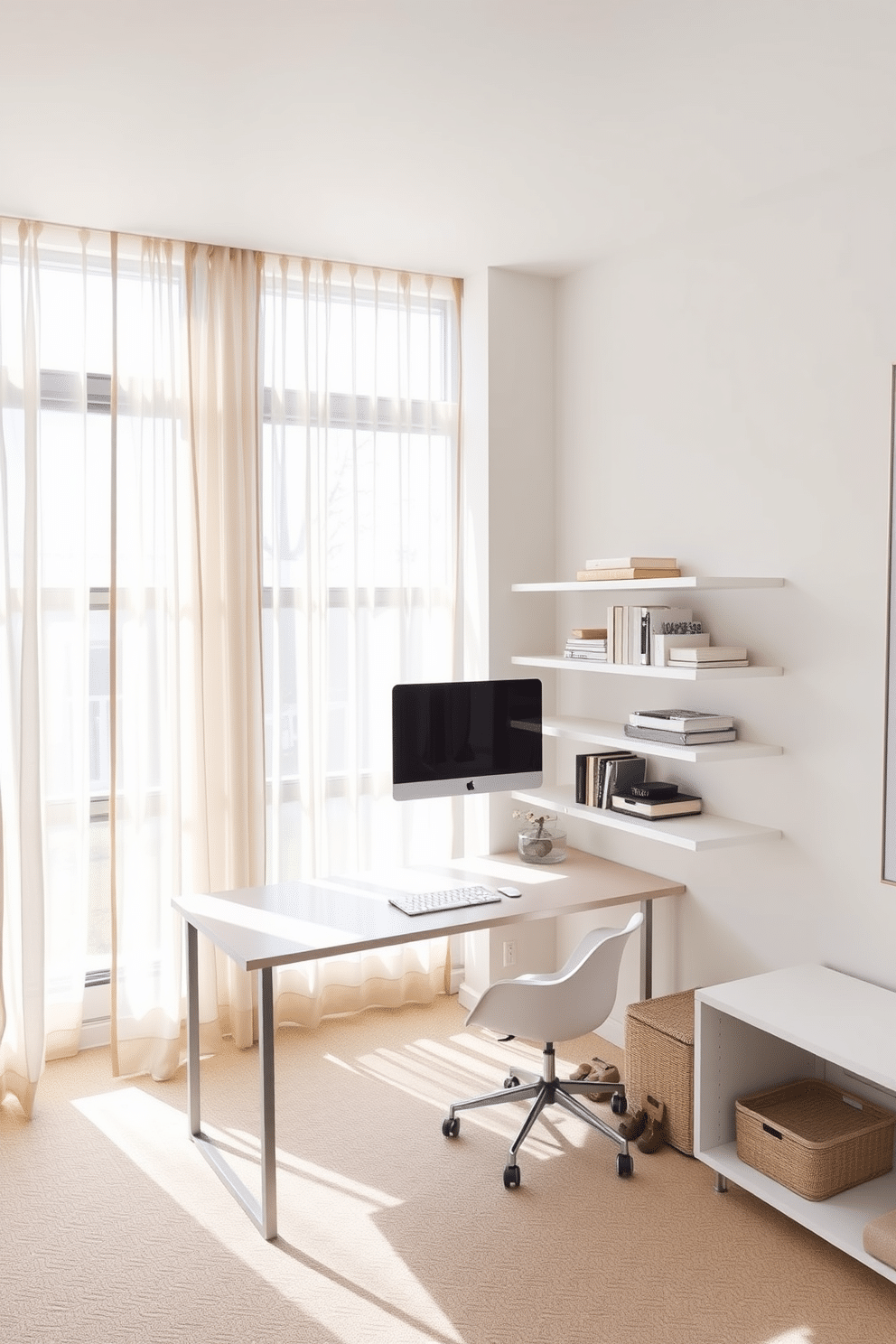 Natural light floods the room through large windows dressed with sheer curtains that gently diffuse the sunlight. The space is designed with a minimalist aesthetic, featuring a sleek desk positioned to take advantage of the natural brightness. In this modern home office, smart storage solutions are integrated into the design to optimize functionality in a small space. A combination of floating shelves and a compact desk creates an efficient workspace without sacrificing style.