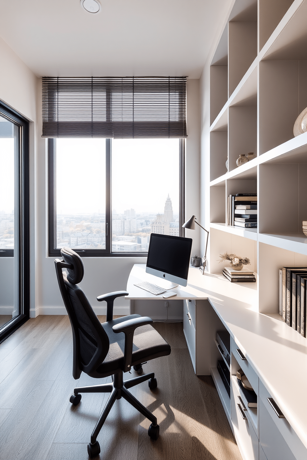 A modern home office design features a sleek desk positioned near a large window, allowing for natural light and inspiring views. The space is optimized for small areas, incorporating minimalist shelving and a comfortable ergonomic chair.