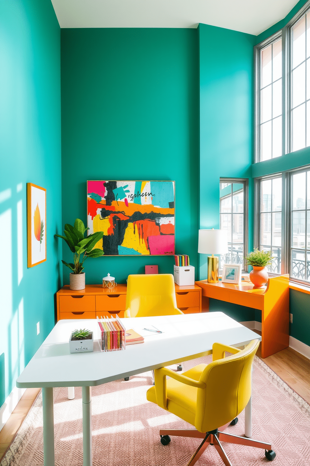 A vibrant home office filled with bold colors to energize creativity. The walls are painted in a striking teal, complemented by a bright yellow accent chair and a deep orange desk. Natural light floods the space through large windows, highlighting a sleek white desk adorned with colorful stationery. A bold abstract painting hangs above the desk, adding a dynamic focal point to the room.